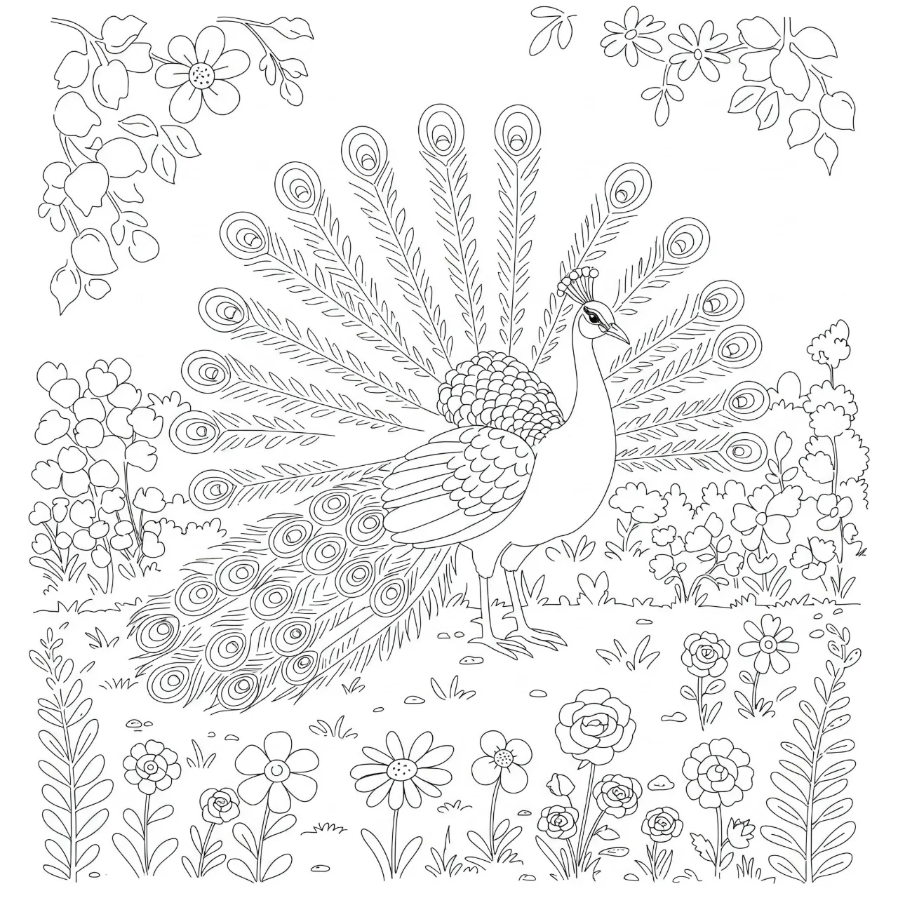 Peacock in the Garden - Flowers and Feathers!